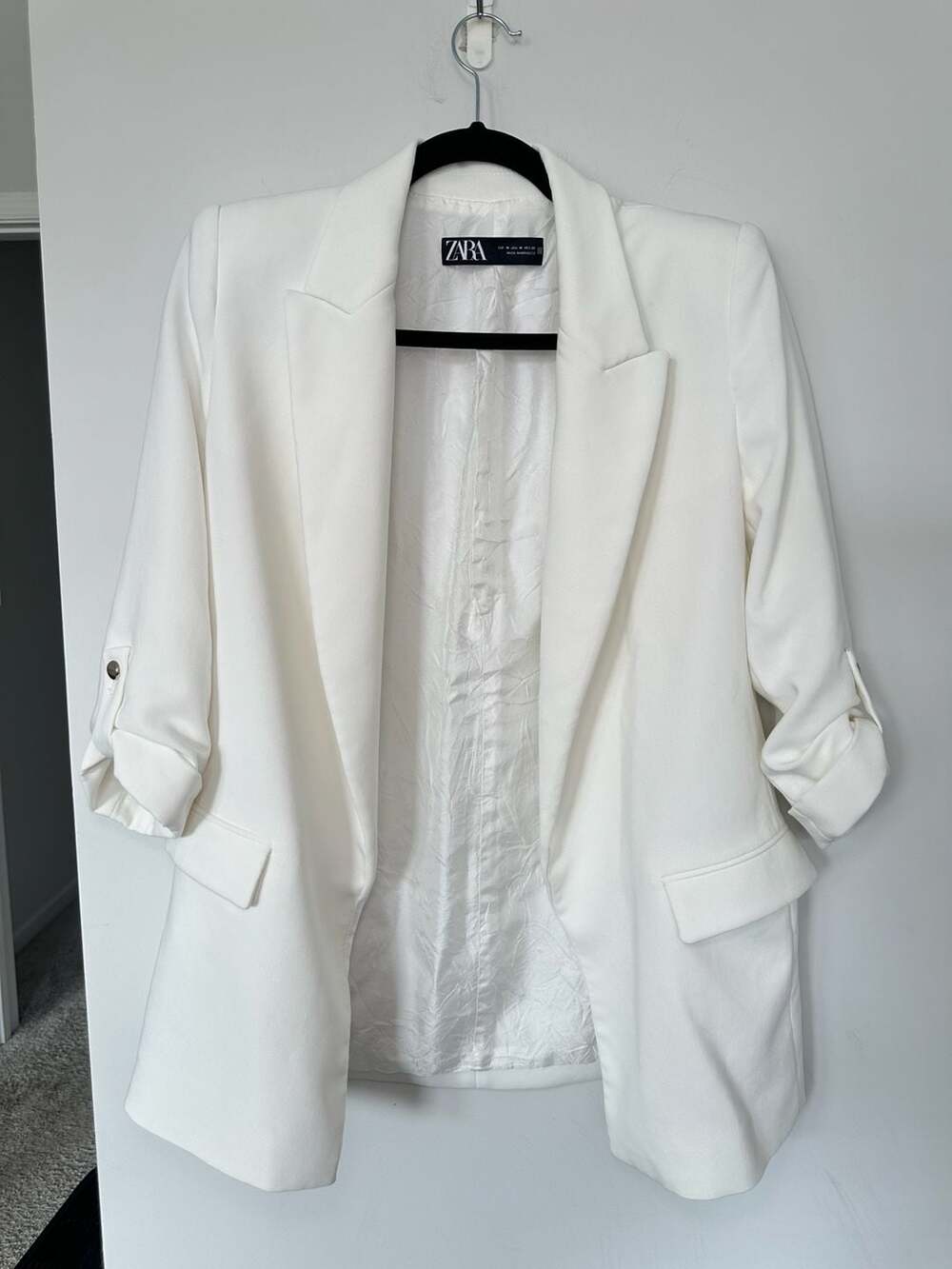 ZARA Women's White Roll Up Sleeve Open Front Blazer Size M